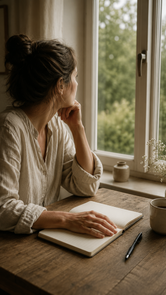 Journaling für Anfänger Person hält inne, bevor sie mit dem Journaling beginnt