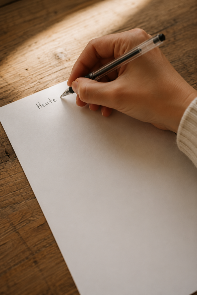 Journaling für Anfänger Erster handgeschriebener Satz auf einem Blatt Papier als Journaling-Einstieg