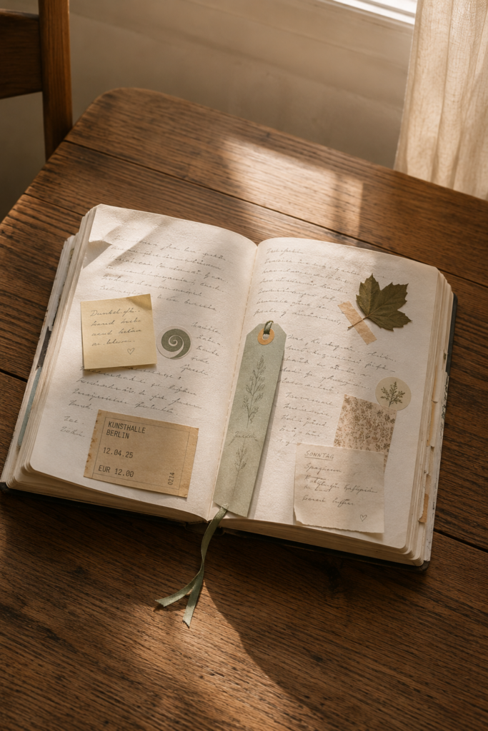Journaling für Anfänger Benutztes Journal mit persönlichen Erinnerungen und Notizen