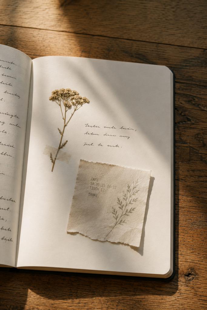 Journaling für Anfänger Journal mit gepresster Blume und Erinnerung aus dem Alltag