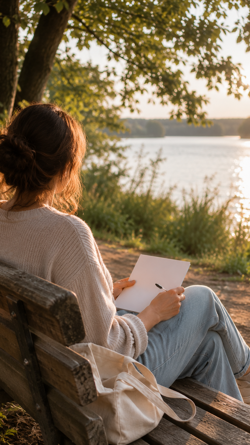 Journaling für Anfänger Person mit Blatt Papier in der Natur vor dem ersten Journaling-Eintrag